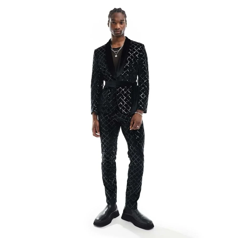 ASOS Design Suit Mens 38/31 Black Sequin Velvet Shawl Lapel Belted Luxury Disco